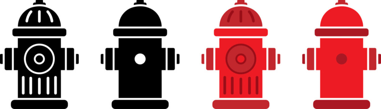 Set of fire hydrant icons in black and red colors