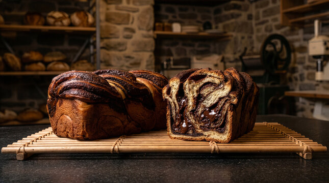 Sliced chocolate babka loaf revealing gooey swirled filling