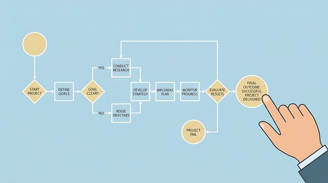 A hand touches a flowchart diagram composed of interconnected shapes and arrows on a light blue digital background.