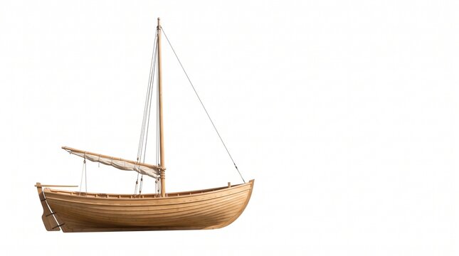 Wooden sailing boat with mast and furled sail isolated on white background
