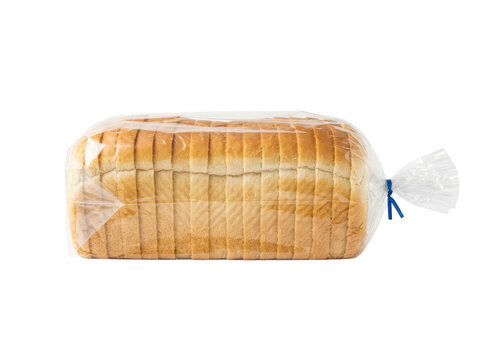 Loaf of sliced white bread in a clear plastic bag