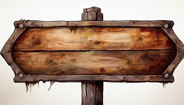 rustic wooden street sign post blank board isolated white background