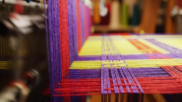 Vibrant threads on traditional loom weaving colorful textile pattern