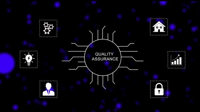 Assurance concept animation featuring digital circuitry infographic abstract glowing blue particle background, corporate business process improvement, and data security