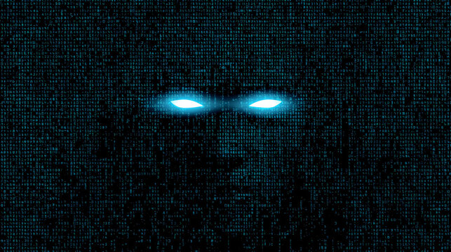 A pair of glowing white eyes peers out from a dark silhouette masked behind a wall of blue digital matrix code.
