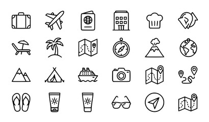 Fototapeta premium Travel and Holiday Outline Icons Editable Stroke Vector Set