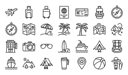 Fototapeta premium Vacation and Travel Line Icon Set Tourism Vector Collection