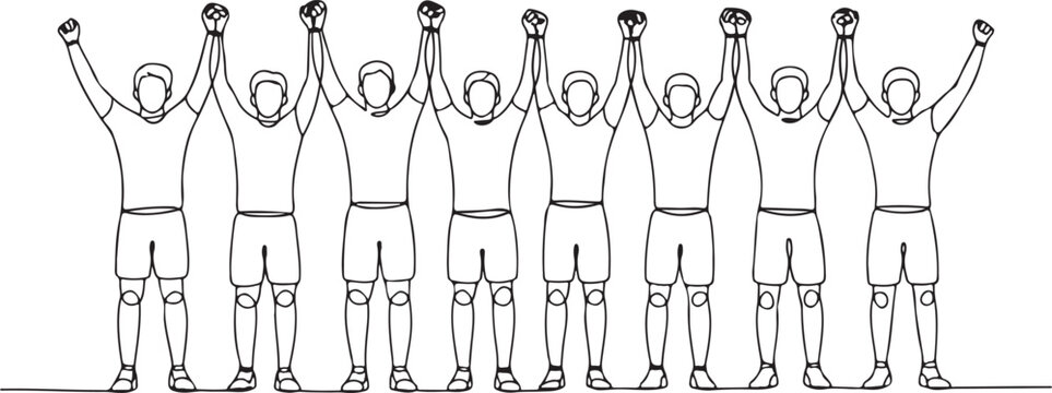 Continuous line drawing of a group of people standing together with their arms raised in victory, unity, and celebration, representing teamwork, success, and solidarity