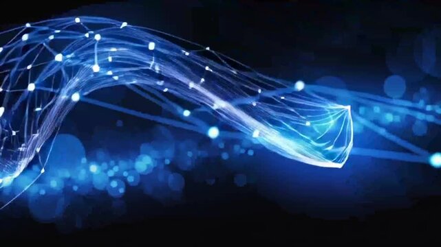 Glowing blue network lines and dots wave through dark space with futuristic connections.