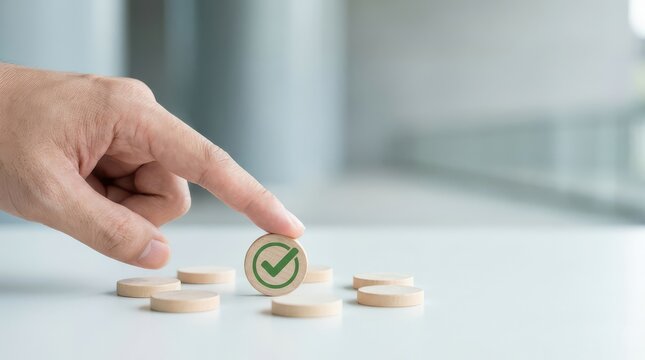 Hand selecting green checkmark on wooden blocks background finger