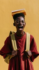 Fototapeta premium Joyful student laughing with books on head and yellow backpack on warm yellow background for back to school poster and banner design