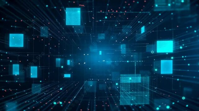 Glowing blue squares radiate outward in a futuristic digital landscape.