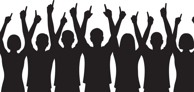 Silhouettes of a group of people with their hands raised up in the air