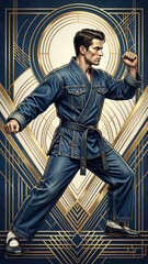 Fototapeta premium karate jeans man in martial arts pose with art deco background
