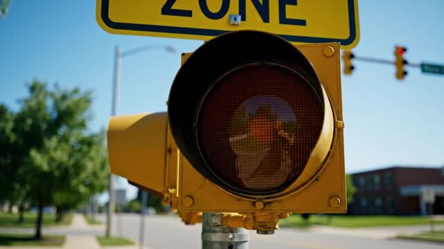 Bright yellow beacon light flashing on a school zone traffic sign to warn drivers and ensure student safety. Slowing traffic near an educational institution for children crossing the street
