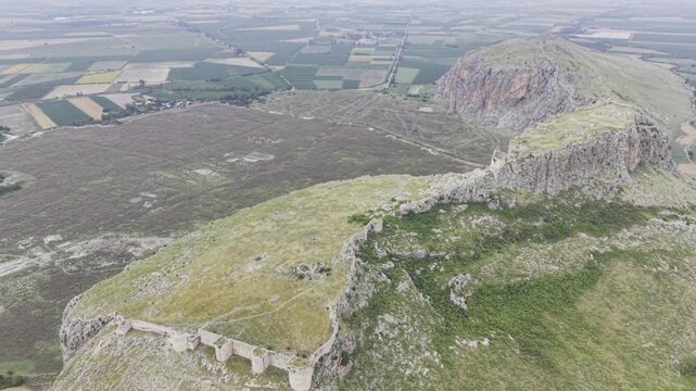 Aerial View of Anavarza Ancient City Ruins in Adana Turkey Showing Roman Era Archaeological Remains and Vast Historical Plain Landscape