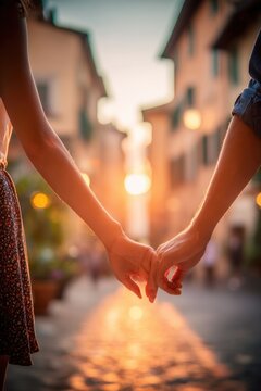 Lovely couple romantic moment. Two people holding hands in the middle of a cobblestone street at sunset. The woman wears a white top and a floral skirt, while the man wears a blue shirt.