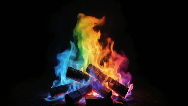 Vibrant rainbow campfire flames dancing with dark wooden logs in this mesmerizing motion animation for creative artistic visual media projects