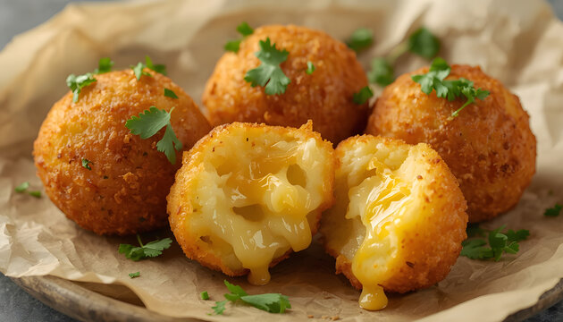 Delicious fried mac and cheese balls on paper