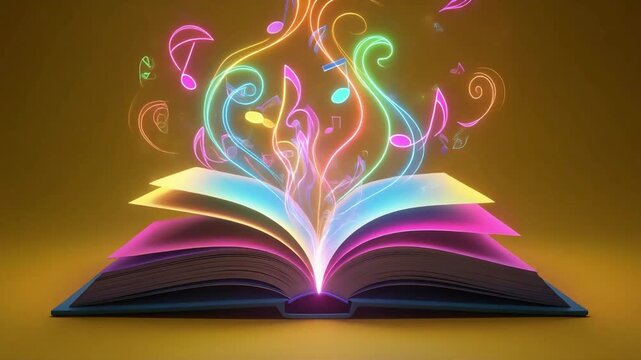 Open magic storybook glowing with vibrant neon musical notes rising in motion for this creative fantasy animation video footage clip