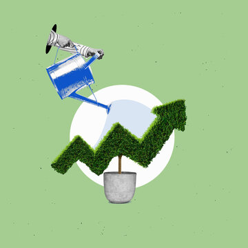 a green arrow as a growing graph being watered, made up of leaves. Concept of investment income and growth with tree in pot.