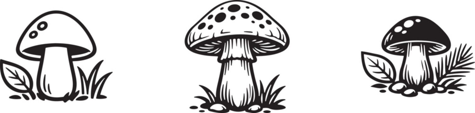 Mushroom silhouette vector icon set, fungi clipart design, EPS, editable, Adobe Stock.