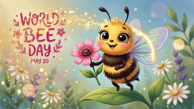 Image is a digital illustration featuring a cute, cartoon-style bee with fluffy yellow and black stripes, large closed eyes with long eyelashes, and a content expression. The bee is holding a pink flo