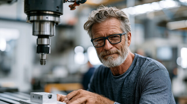 Veteran male factory worker in worn safety glasses examines a freshly machined aluminum component at a milling station, pride evident in his focused expression as decades of skill