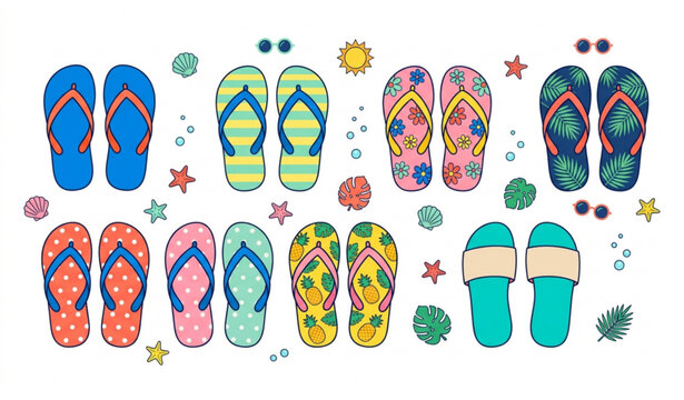 Colorful Flip Flop Sandal Collection with Summer Beach Footwear Isolated on White Background Illustration Set