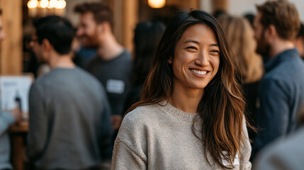 Fototapeta premium Community manager for a niche startup hosting an intimate in-person meetup in a rented loft, attendees clustered in small groups, name tags visible, product demo station set up in