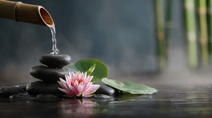 Zen Buddhism, meditation, inner peace, Chinese Japanese Asian tradition. Therapy stress release treatment, health lifestyle. A tranquil scene of a tranquil spa setting, featuring a pink lotus flower.