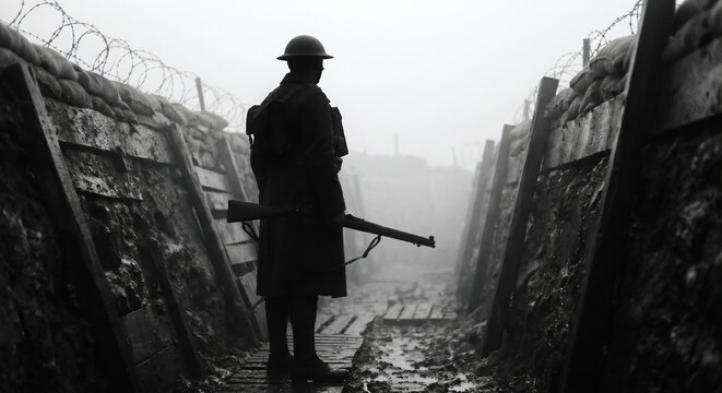 Silhouette of a lone soldier holding a rifle in a misty World War I trench, black and white historical concept
