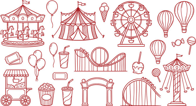 Set of carnival and amusement park elements, handdrawn doodle style, including ferris wheel, carousel, roller coaster, circus tent, and treats
