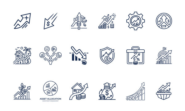 Asset allocation and investment management line icon set.