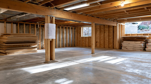 unfinished basement with contractor chalk-lining future bedroom wall positions on concrete floor, blueprint taped to support post, subfloor materials stacked in corner, planning