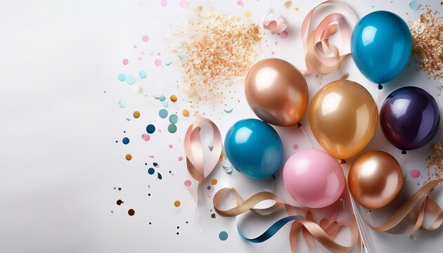 balloons ribbons and confetti on a white background top view celebration detailed hyper realistic image