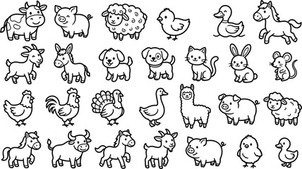 Fototapeta premium Cute Farm Animals Outline Vector Set with Cow, Pig, Sheep, Horse, Goat, and Chicken Icons for Kids Coloring Book and Kindergarten Educational Graphic Designs