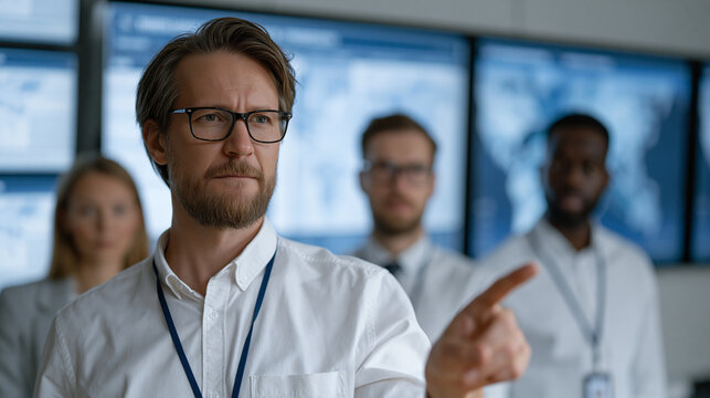 Cybersecurity analysts in government operations center monitoring wall of screens displaying network intrusion alerts and encrypted traffic maps, badge lanyards visible as team