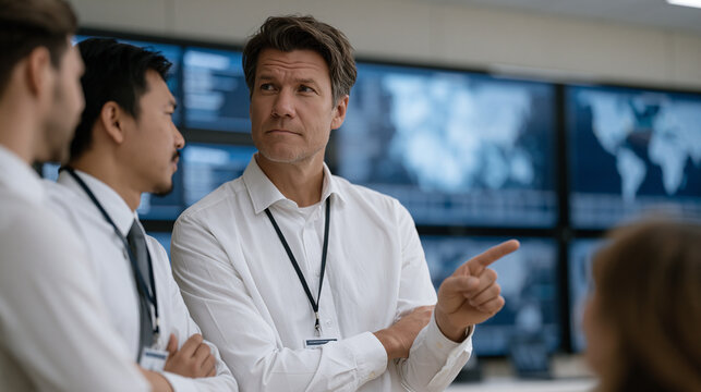 Cybersecurity analysts in government operations center monitoring wall of screens displaying network intrusion alerts and encrypted traffic maps, badge lanyards visible as team