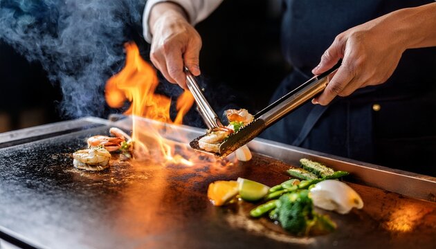 chefs hands with spatula over teppanyaki cooking vegetables meat and seafood on hot hibachi grill table traditional japanese cuisine teppan show with flambe