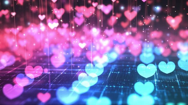 Glowing pink and blue neon heart drifting through a digital space with sparkling bokeh, romantic love, futuristic mood, dreamy glow, Valentine's Day.