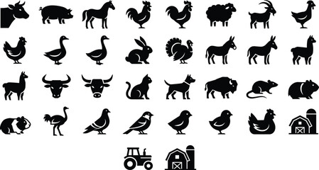 Fototapeta premium Minimalist Farm Animals Silhouette Icon Set with Black Solid Shapes of Livestock, Poultry, Barn, and Tractor for Modern Infographics, Logos, and Simple Web Designs