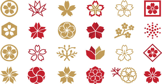Japanese Cherry Blossom Kamon Crest Icon Set with Geometric Red and Gold Sakura Flower Elements for Traditional Branding, Logos, Luxury Packaging, and Oriental Cultural Graphic Designs