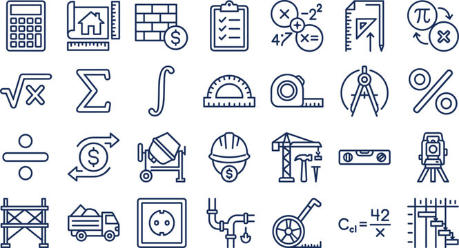Mathematics and Construction Estimation Icon Set with Thin Blue Outline Vectors of Math Symbols, Blueprints, Building Tools, and Engineering Calculations for Architecture Projects