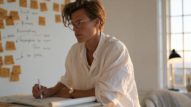 Rejection resilience shown through a solo founder rewriting a pitch on a whiteboard after a failed funding round, crossing out assumptions and circling pivots, sticky notes