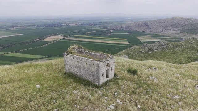 Aerial View of Anavarza Ancient City Ruins in Adana Turkey Showing Roman Era Archaeological Remains and Vast Historical Plain Landscape