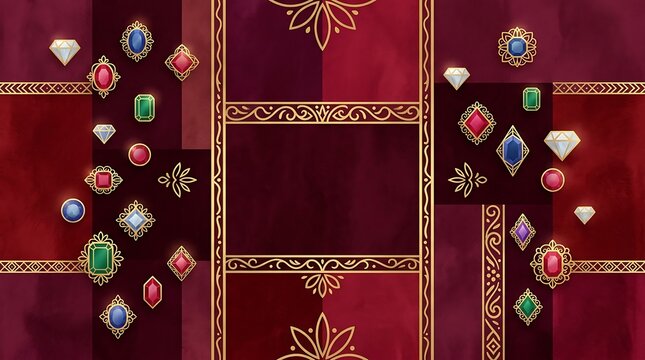 Elegant maroon background featuring golden borders and colorful gems