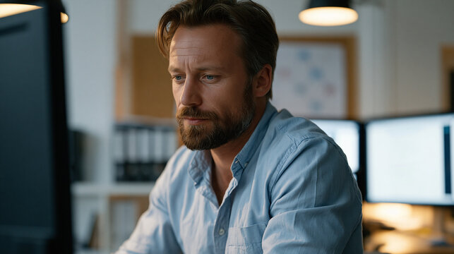 Data privacy officer at a startup reviewing consent policy documents on dual monitors, user data flow diagram pinned to corkboard, legal compliance binders stacked on shelf,