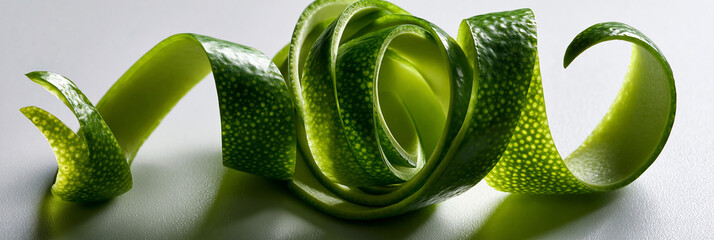 lime peel curl isolated on white, vibrant green lime zest garnish isolated, fresh citrus peel spiral for cocktails