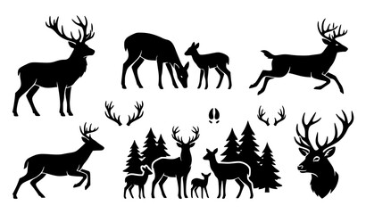 Collection of Wild Deer Silhouette Poses with Forest Wildlife Animals Isolated on White Background © Songkari